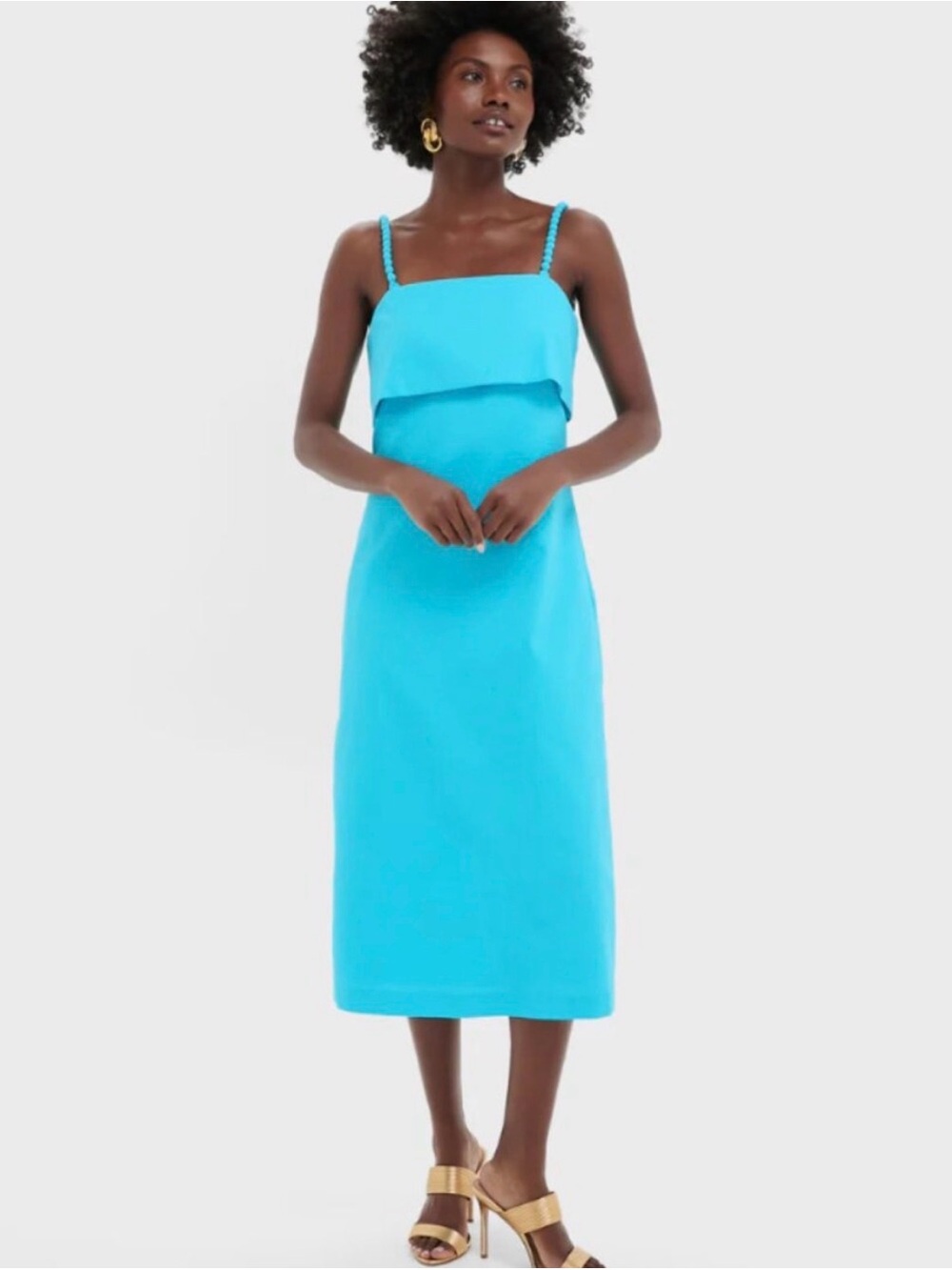 Square Neck Braided-Strap Midi Dress in Bright Turquoise